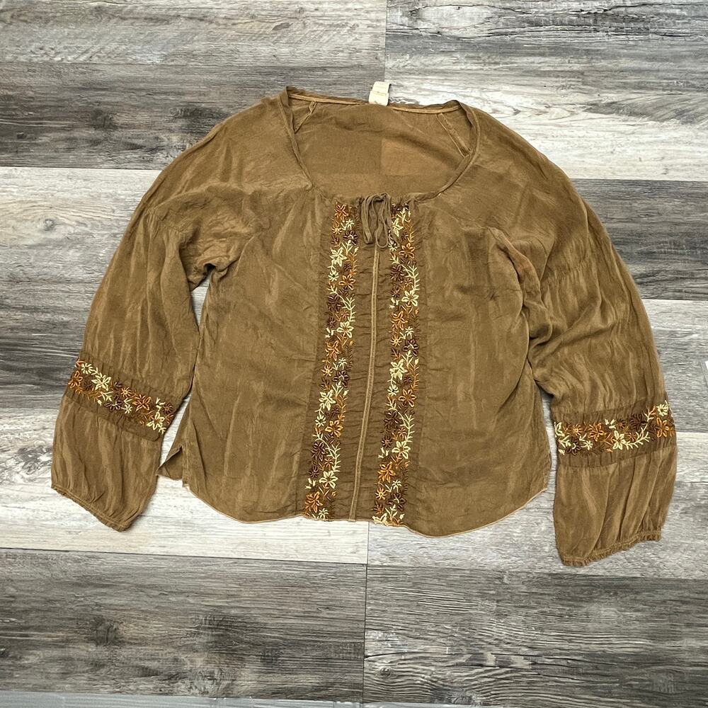 J Jill Floral Brown Women M Lagenlook Boho Retro Hippie Bell Sleeves Blouse USA